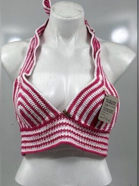 Women's Pink & White Striped Crochet Halter Bralette